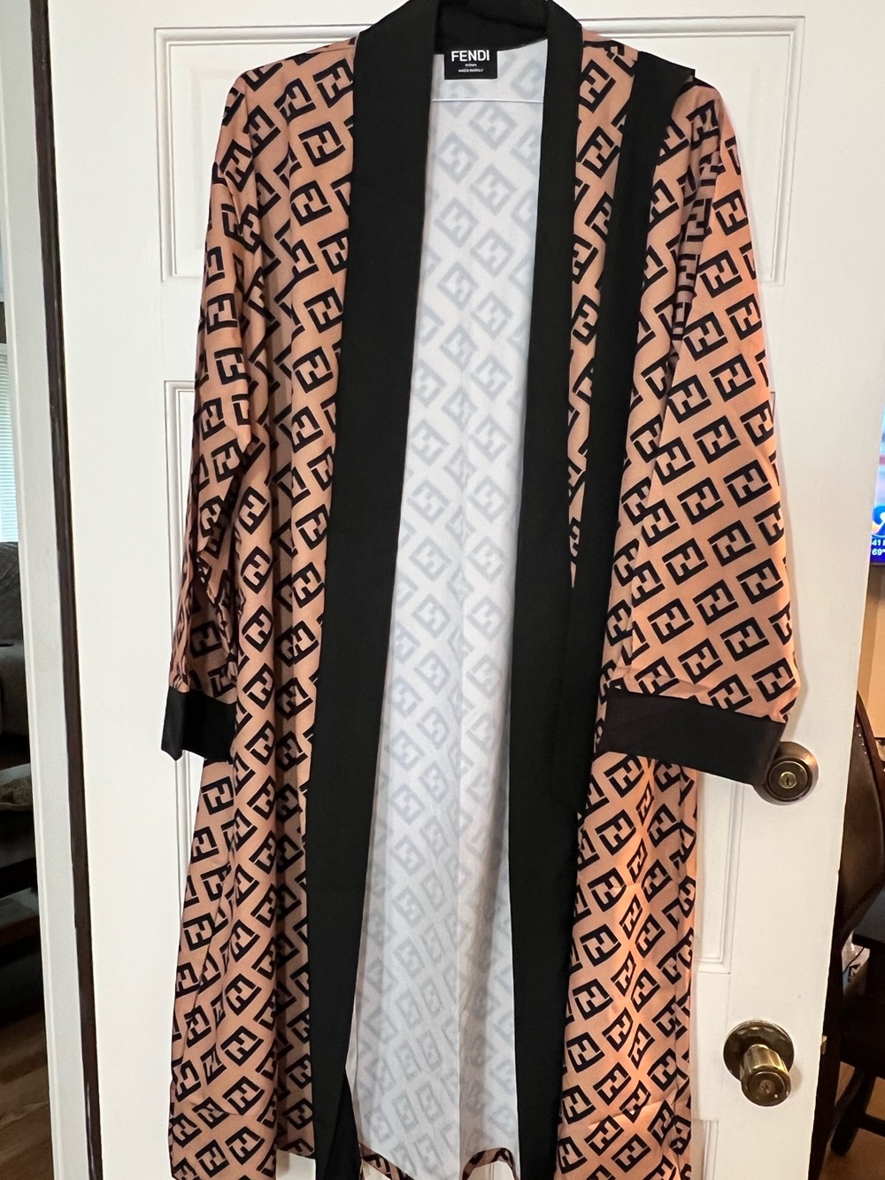 F Monogram Open-Front Robe with Black Trim